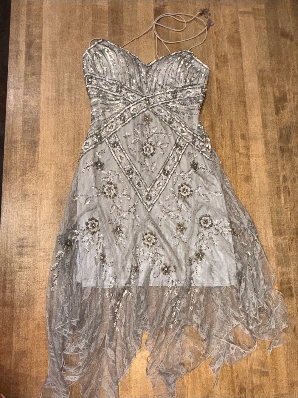 Sue Wong Silver Beaded High-Low Evening Dress